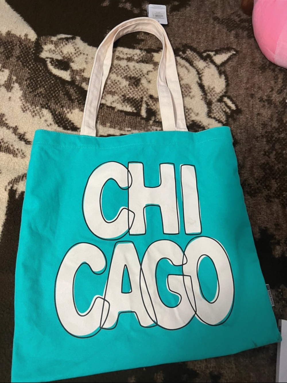 Chicago Teal Canvas Tote Bag with White Handles